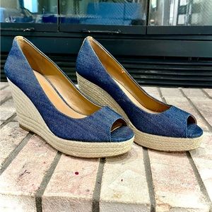 Coach Blaine Dark Wash denim peep toe wedge shoe.